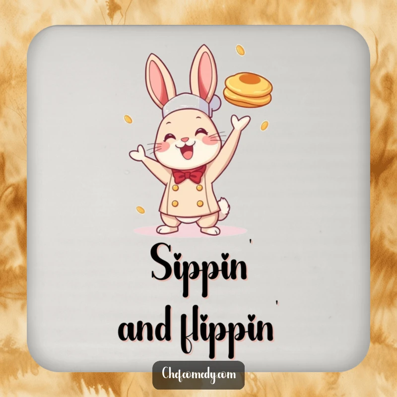 Funny drink coaster with a cheerful rabbit chef tossing a pancake, perfect for protecting surfaces with a fun breakfast theme.