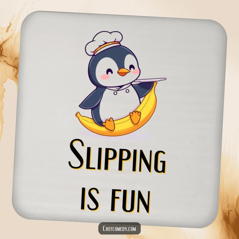 Funny Penguin Chef Coaster: A penguin chef humorously slips on a banana peel while holding a plate, adding charm and humor.