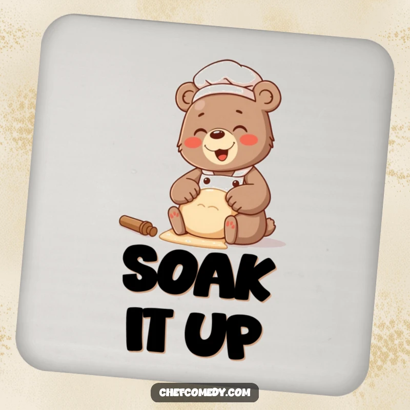 Funny drink coaster featuring a bear chef with a happy giggle while kneading dough, protecting surfaces.