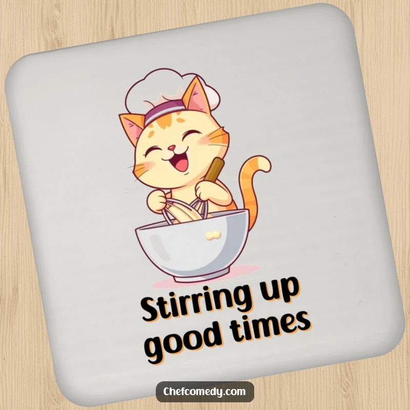 Funny drink coaster featuring a happy cat chef energetically whisking batter in a large bowl, adding a touch of kitchen charm.