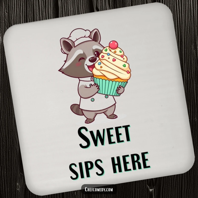 Funny kawaii raccoon chef drink coaster, a proud raccoon presenting a giant decorated cupcake with a flourish, protecting surfaces.