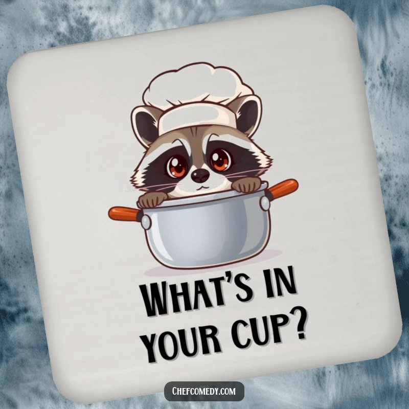 Funny raccoon chef character peeking into a pot, protecting surfaces with these humorous and functional drink coasters.