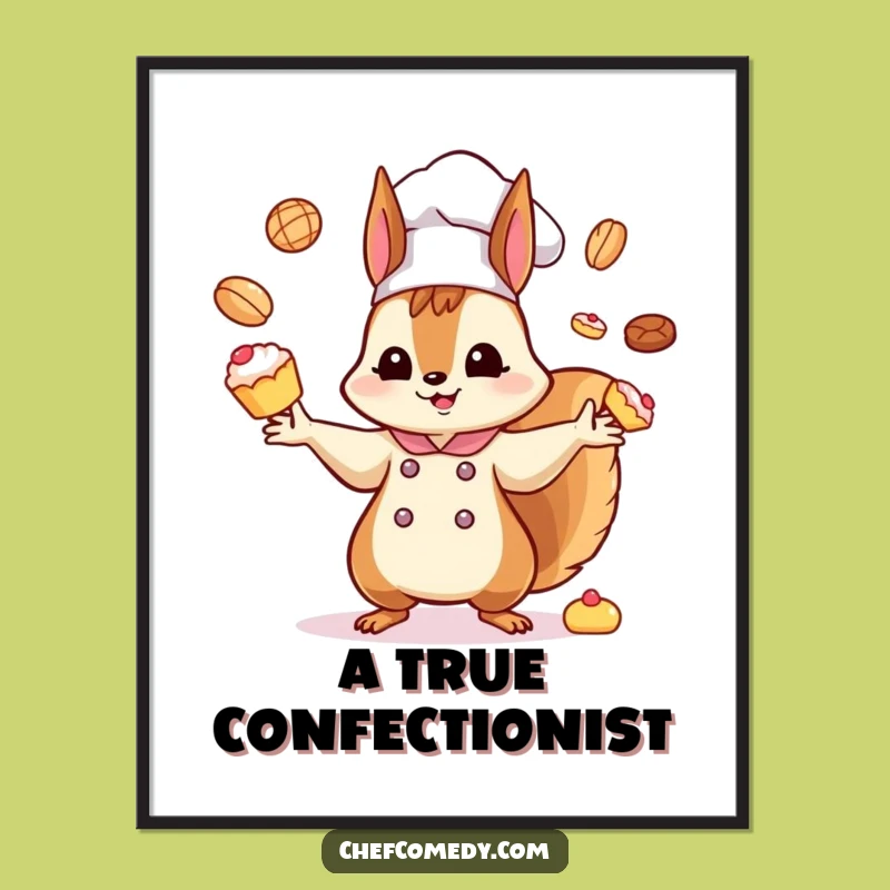 Funny Kawaii Squirrel Chef Poster: Hilarious Juggling Pastries Art for Your Wall
