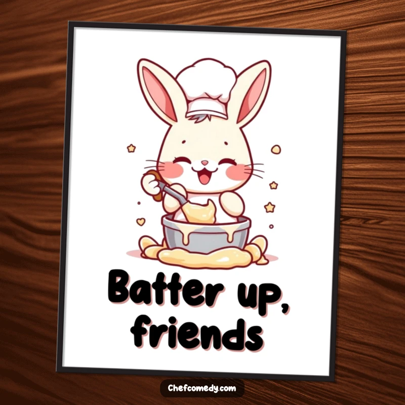 Funny poster of an energetic rabbit chef character enthusiastically mixing batter, adding a whimsical and humorous touch to decor.