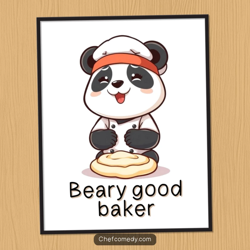 Funny panda chef character enthusiastically kneading dough with both paws, vibrant illustration, great for kitchen decor.