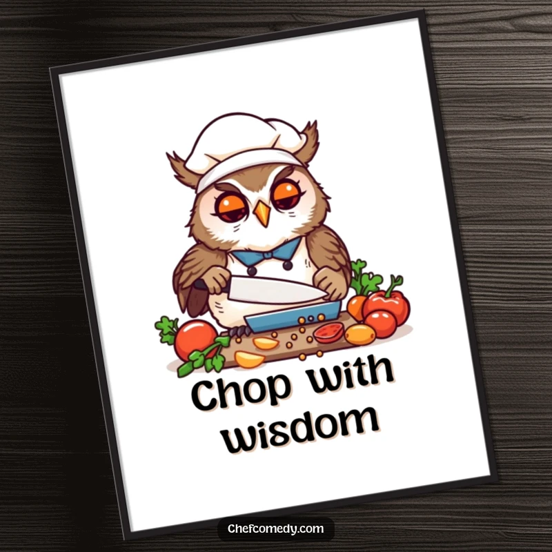 Funny Kawaii Owl Chef Chopping Poster, a concentrated cartoon owl joyfully dicing vegetables, humorous and inspiring wall art.