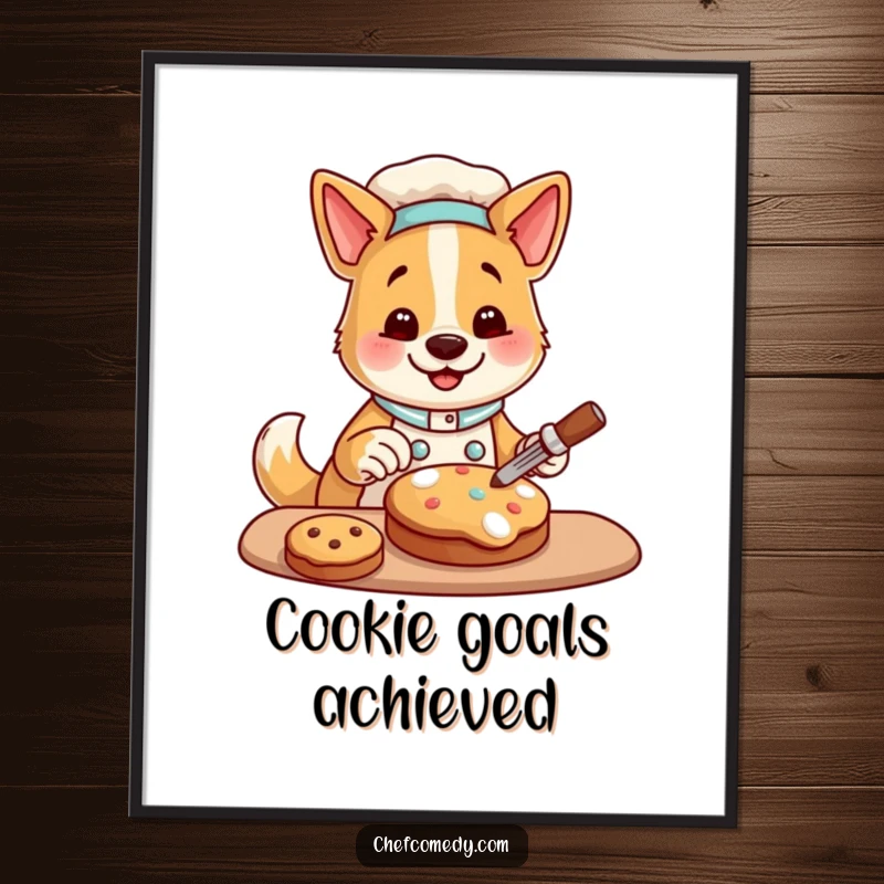 Funny poster of a happy dog chef character decorating a cookie, adding a whimsical and humorous touch to decor.