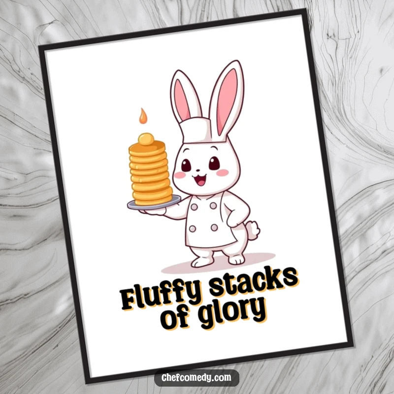 Funny Kawaii Bunny Chef Poster displaying a cute bunny chef offering a comically tall, wobbly stack of pancakes on display.