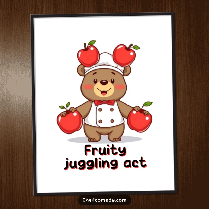 Funny and proud bear chef artistically juggling three shiny red apples, perfect wall art to add humor to any kitchen.