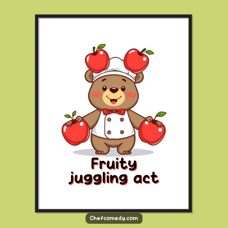 Funny Bear Chef Juggling Apples Poster - Hilarious Kitchen Wall Art Gift