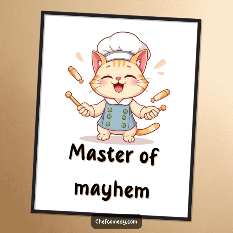 Funny Cat Chef Poster: A giggling cat chef with a wide grin juggles rolling pins, adding whimsical decor.