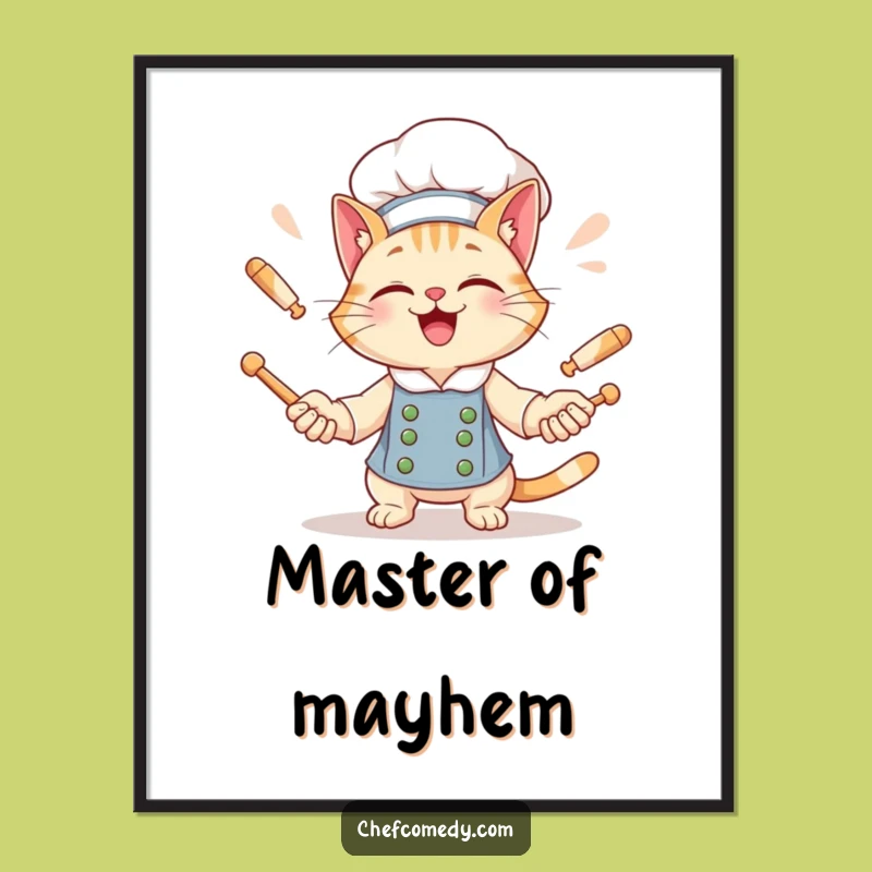 Funny Cat Chef Poster: Giggling Cat Juggles Rolling Pins, Whimsical Kitchen Art