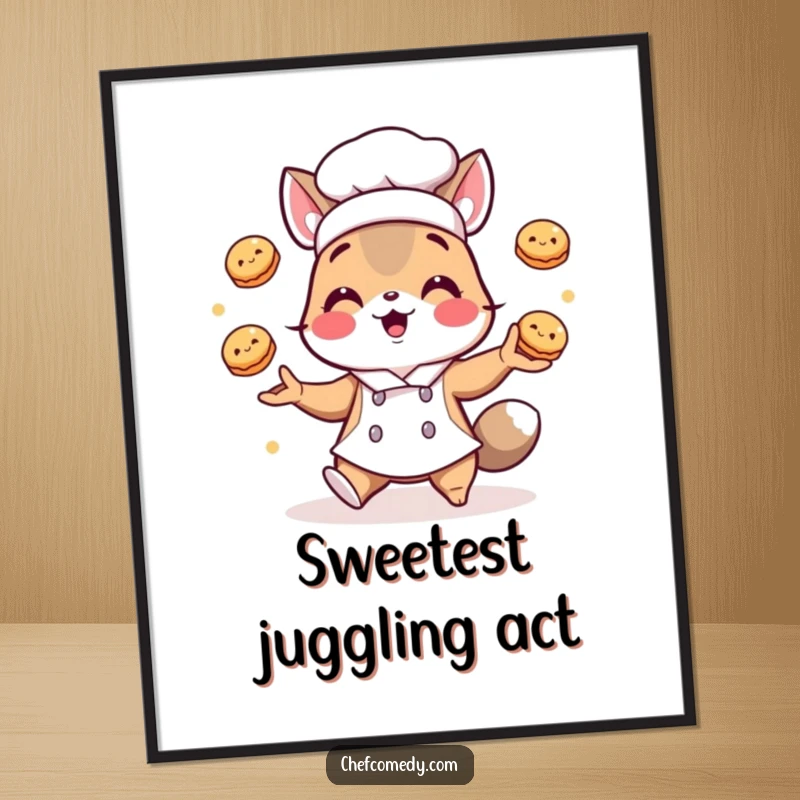 Funny poster: A chef animal character expertly juggles small, round pastries, perfect for humorous kitchen decor.