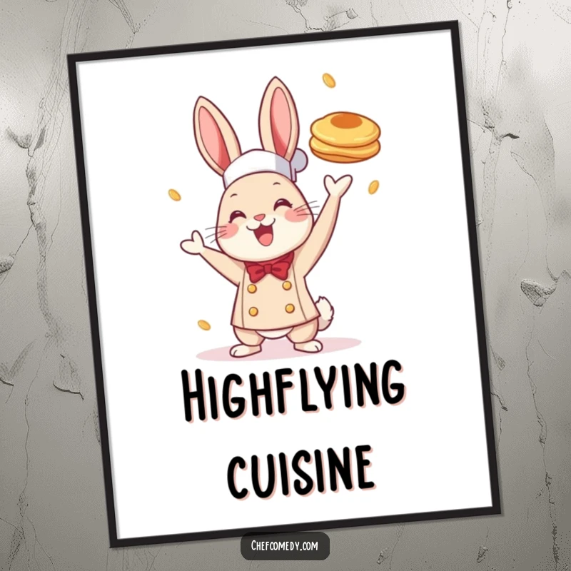 Funny poster print of a cheerful rabbit chef tossing a pancake high, perfect for kitchen decor and celebrating breakfast traditions.