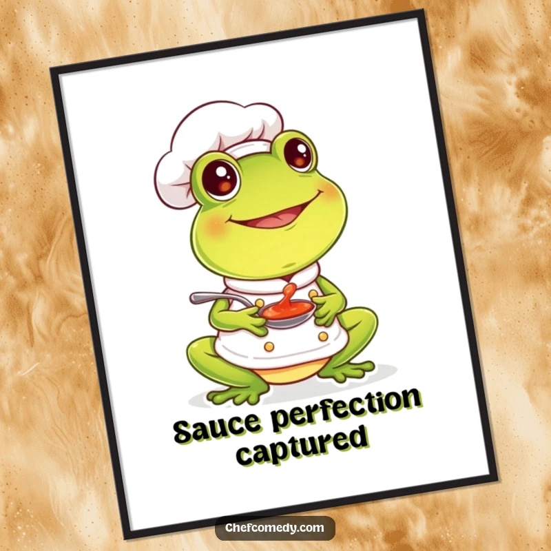 Funny frog chef character happily tasting sauce with a smile, creating joyful kitchen wall art.