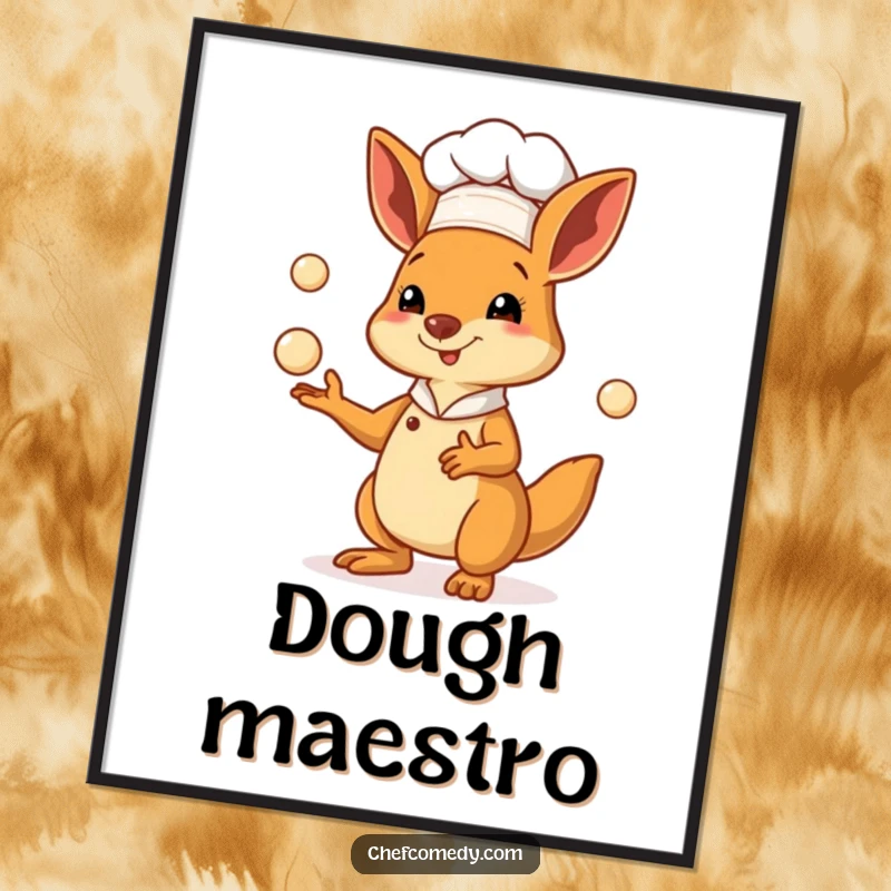 Funny kangaroo chef poster showing a marsupial baker skillfully juggling tiny pastry dough balls, ideal for kitchen decor.