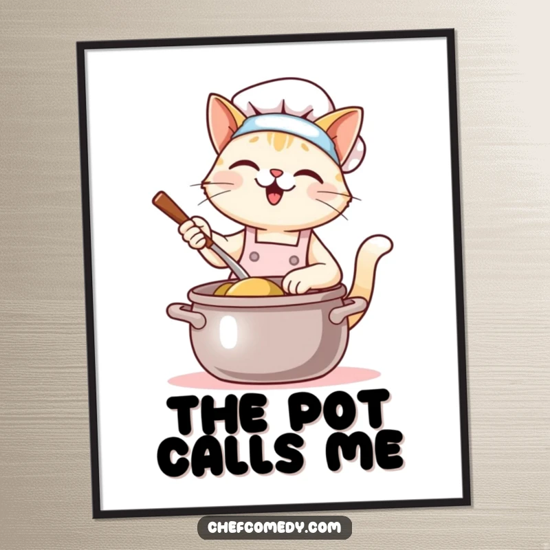 Funny Kawaii Cat Chef Poster: A cute cat chef happily stirs a giant pot. Adorable and humorous art that brings warmth to any room.
