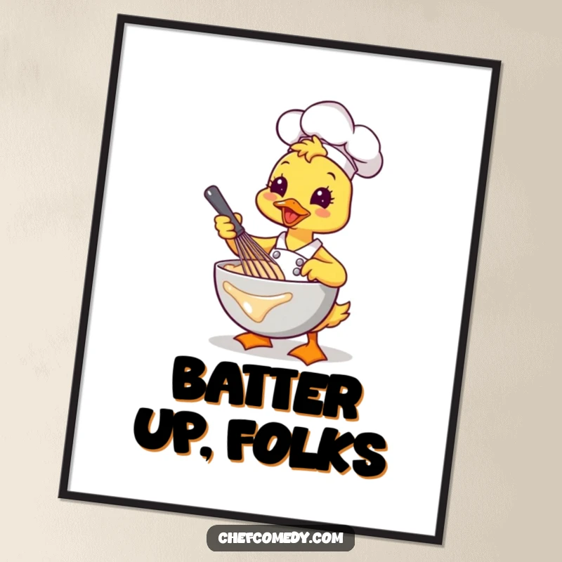 Funny Kawaii Duck Chef Whisking Poster, a joyful cartoon duck energetically mixing batter, vibrant and humorous wall art.