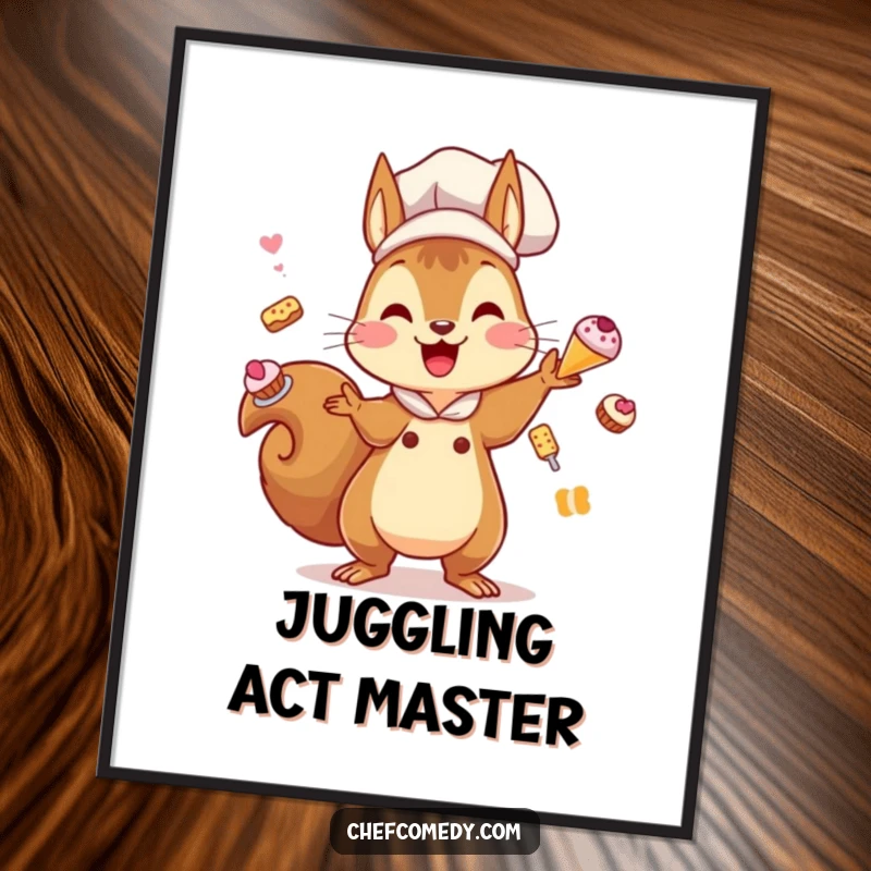 Funny Kawaii Squirrel Chef Poster: A cute squirrel chef energetically juggles tiny pastries, adding a playful and humorous touch to walls.