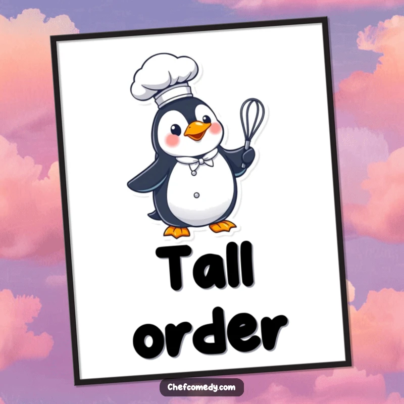 Funny penguin chef wearing a tall hat, holding a whisk, ready to create culinary magic.