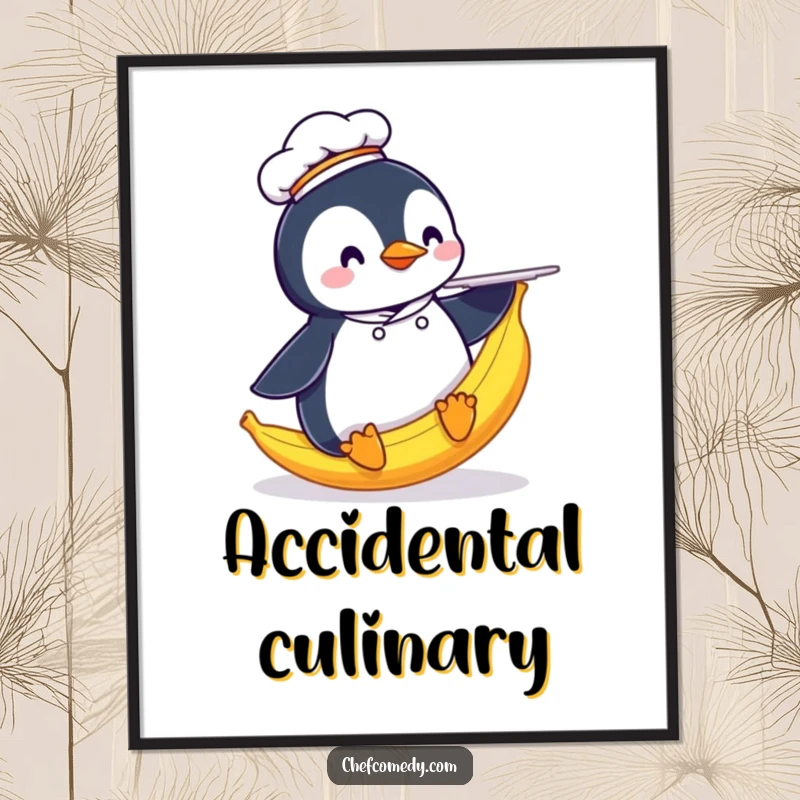 Funny Penguin Chef Poster: A humorous illustration of a penguin chef slipping on a banana peel while trying to carry a plate.