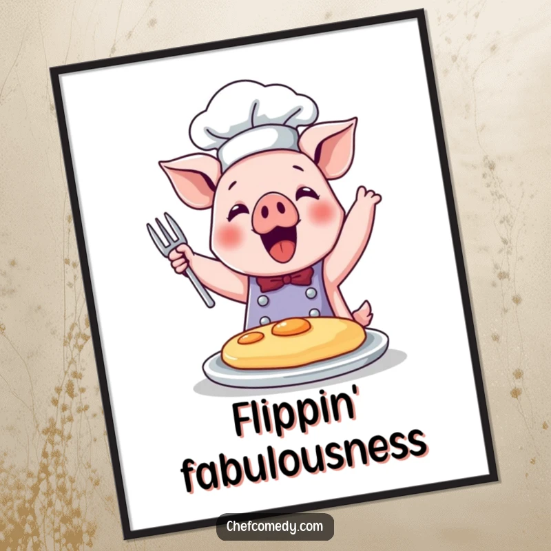 Funny poster capturing a cute pig chef mid-air with a pancake, mid-flip, radiating pure joy and culinary skill.