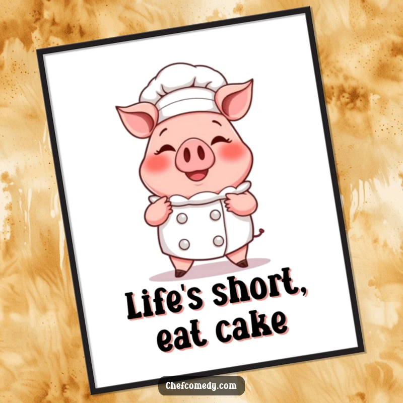 Funny poster of a smiling cartoon pig chef proudly presenting a steaming, oversized cupcake, adding sweet charm to decor.