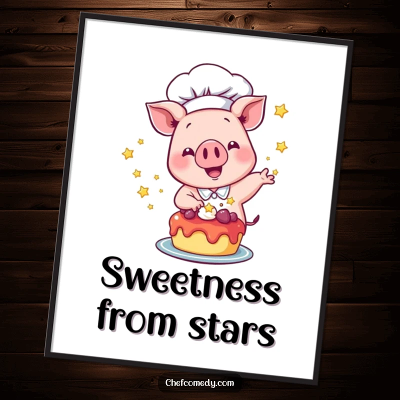 Funny Pig Chef Poster: A happy pig chef excitedly sprinkles shining stars onto a dessert, capturing the joy of sweet creation.