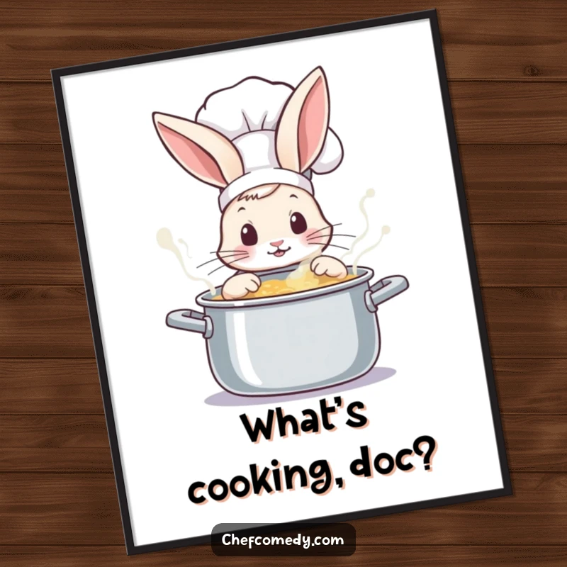 Whimsical curious rabbit chef peeking into a magical, bubbling pot, a charming poster to inspire kitchen adventures.