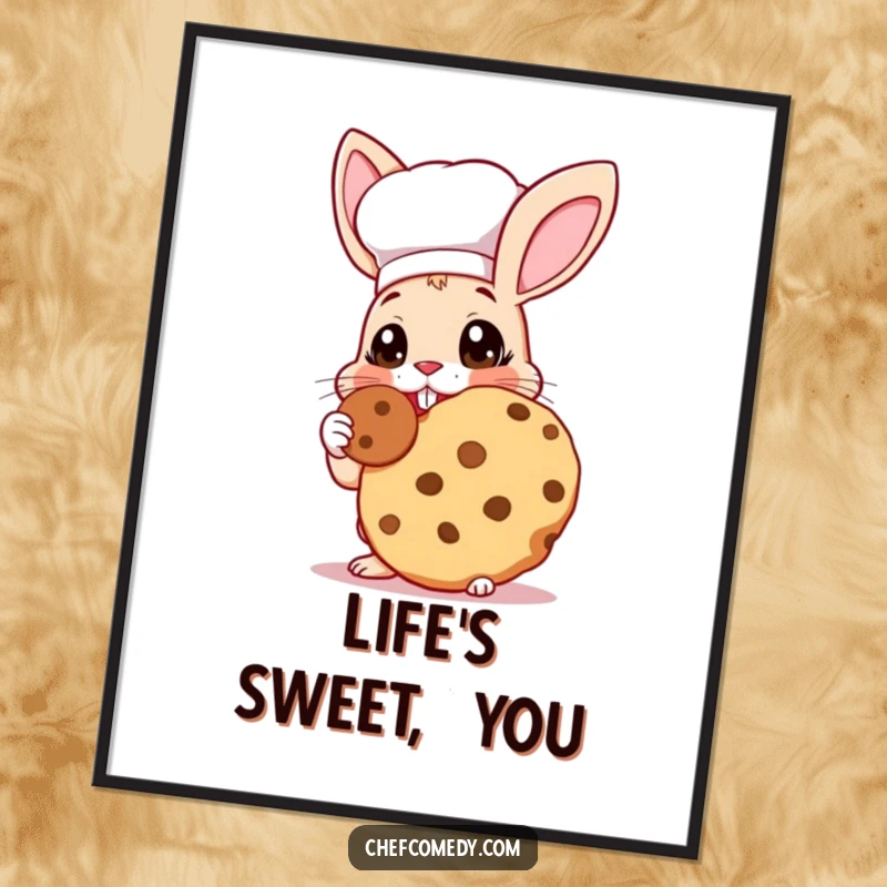 Funny Rabbit Chef Poster: A rabbit chef with wide eyes eagerly tasting a giant cookie, capturing pure foodie bliss.