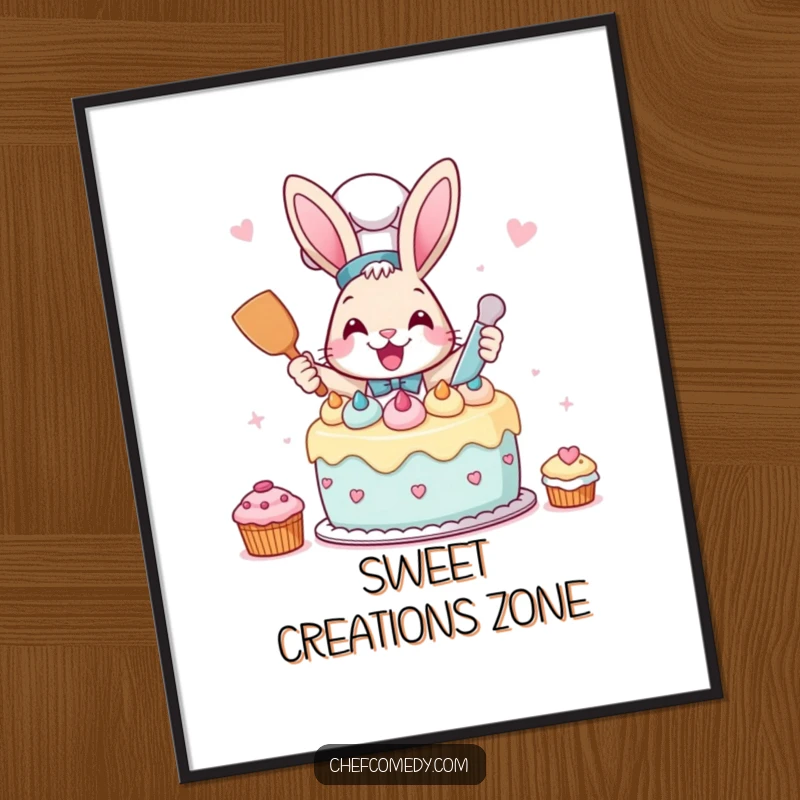 Funny Rabbit Chef Poster showing a rabbit excitedly frosting a cake, great for humorous kitchen decor.