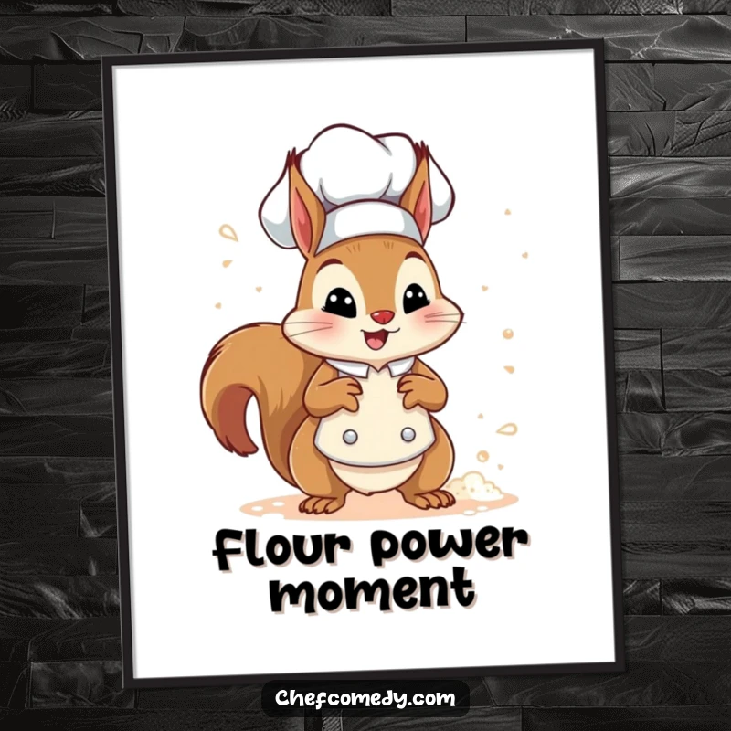 Funny squirrel chef character joyfully sprinkling flour with a puffed chest, creating a delightful kitchen wall art print.
