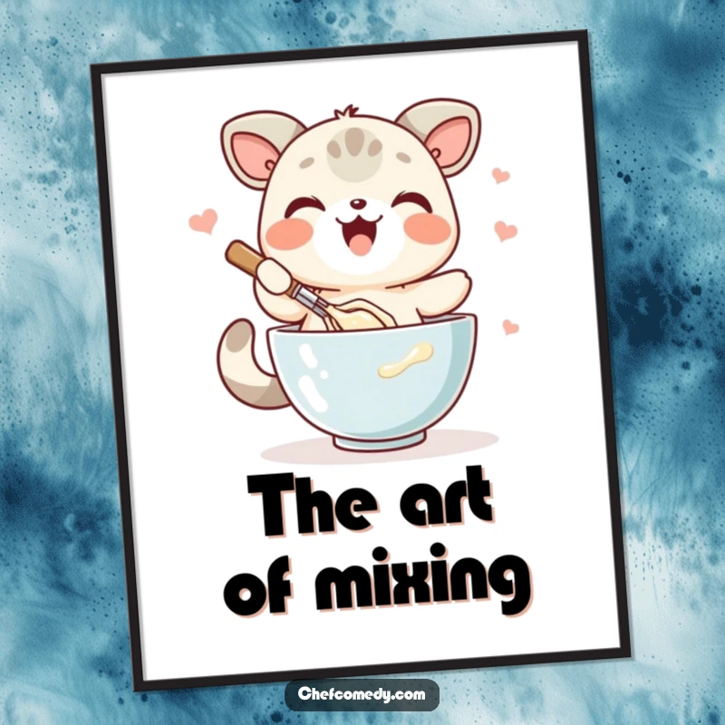Funny kawaii animal poster, joyfully whisking batter in a bowl, capturing the delightful process of baking preparation.