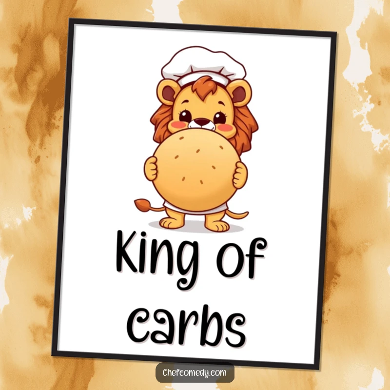 Funny lion chef character proudly presenting a large, round bread loaf on a vibrant poster, perfect for kitchen decor.