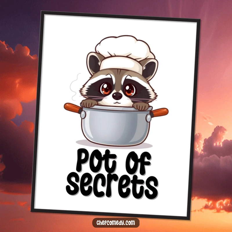 Funny raccoon chef character peeking into a steaming pot, creating curious kitchen wall art.