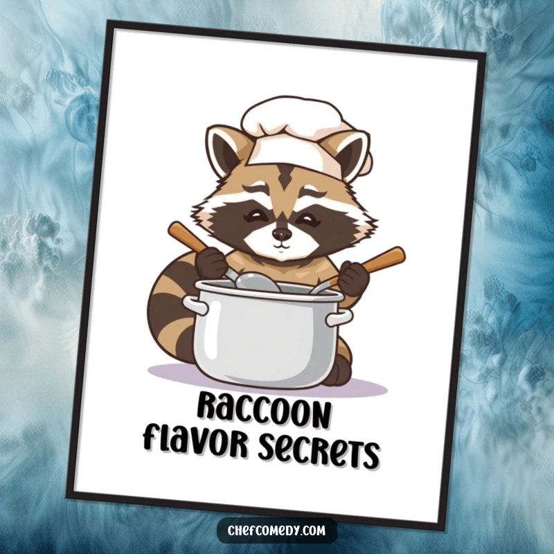 Artistic depiction of a funny raccoon chef intently stirring a pot with a wooden spoon on a poster.
