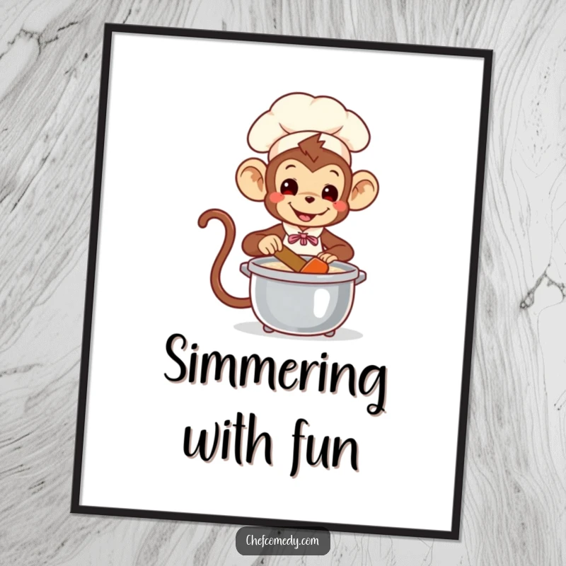 Funny Monkey Chef Poster: Playful monkey chef stirring a pot, adding whimsical and humorous jungle art.