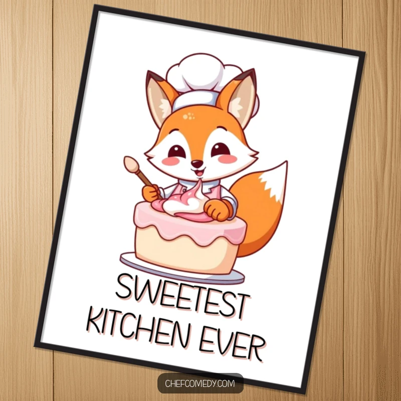 Artistic funny fox chef in action, expertly frosting a whimsical cake, adding a pop of humor to wall decor.