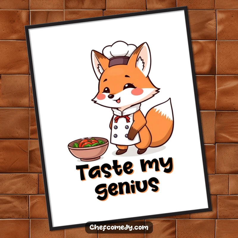 Funny Fox Chef Poster: A cunning fox chef triumphantly presents a steaming dish, a humorous and artistic statement for any kitchen.