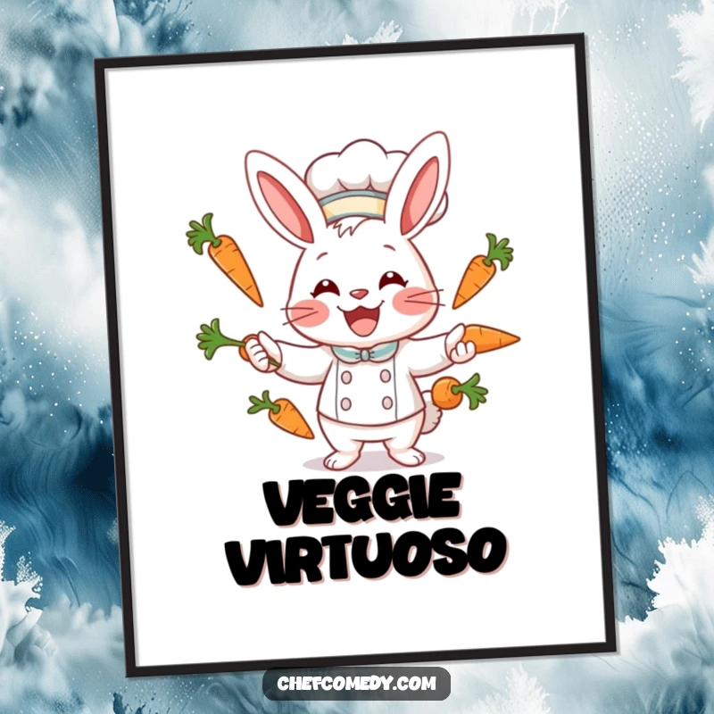 Funny rabbit chef character juggling carrots with a wide smile, vibrant illustration, great for kitchen decor.