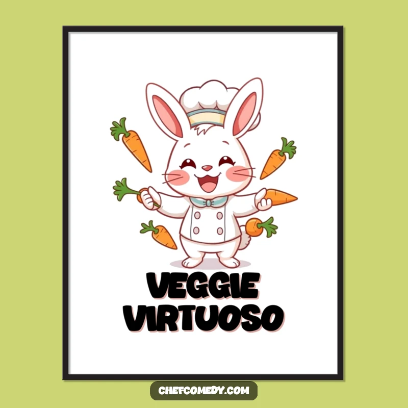 Funny Rabbit Chef Poster: Juggling Carrots Delight, Hilarious Kitchen Art