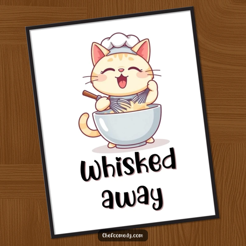 Funny kawaii cat chef poster art depicting a determined feline whisking a large bowl of batter with intense concentration.