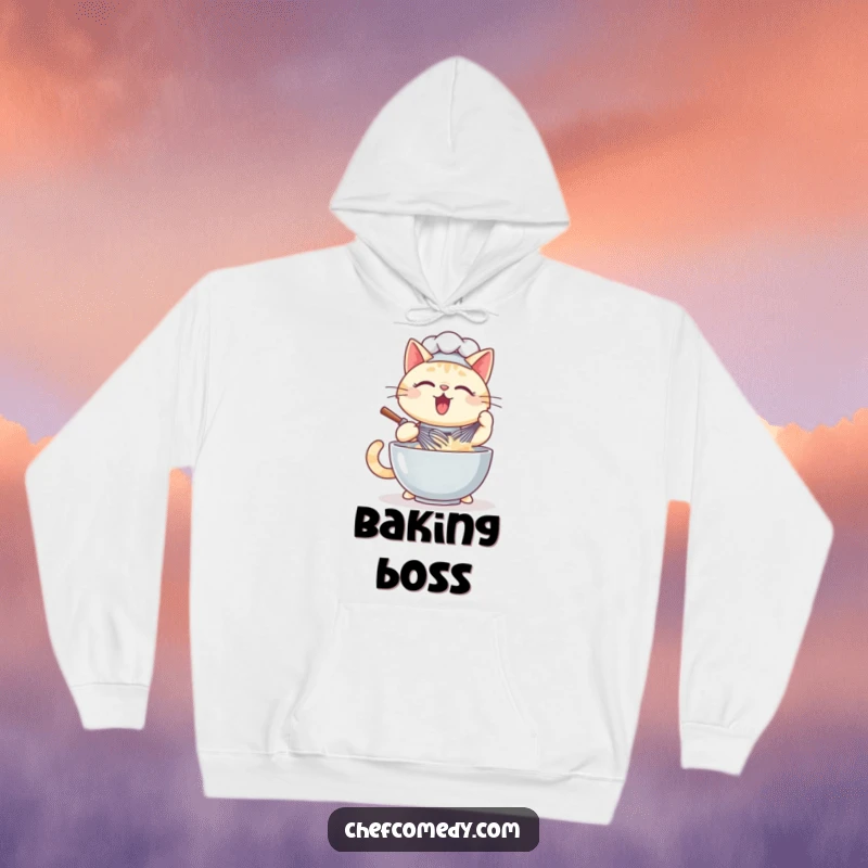 Funny kawaii cat chef hoodie graphic of a focused feline whisking a large bowl of batter with a determined look.