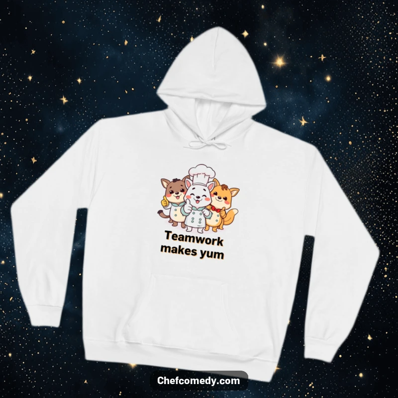 Cozy hoodie featuring a cheerful group of animal chefs giving a thumbs up, conveying a sense of accomplishment and joy.