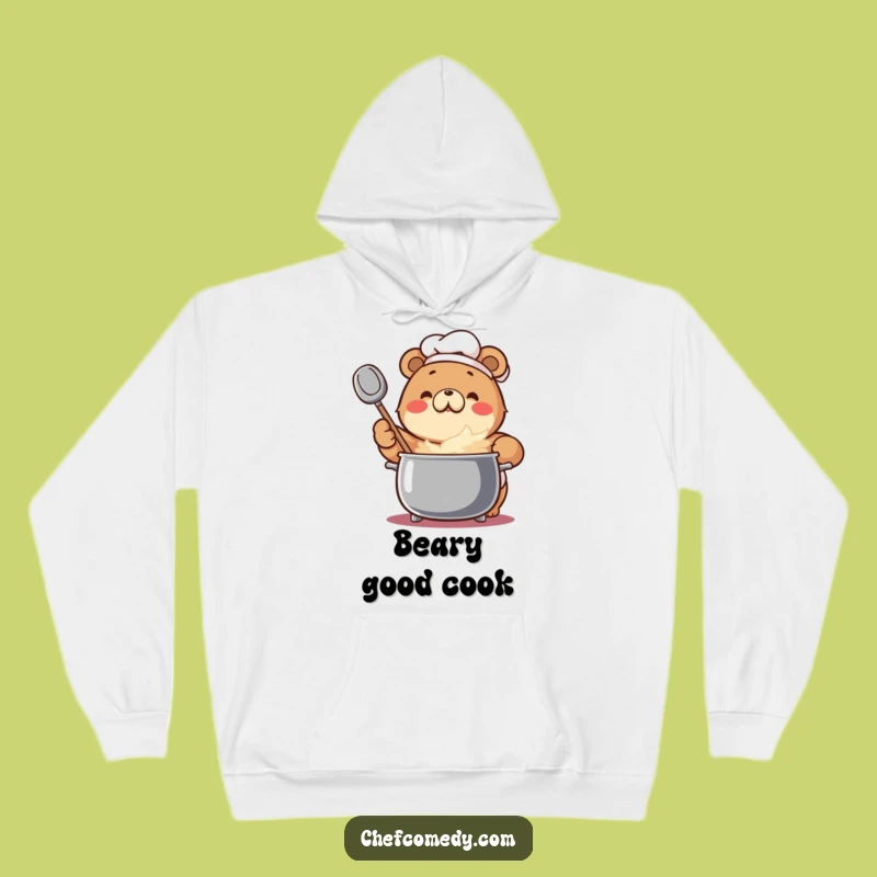 Cozy Funny Bear Chef Hoodie: Enthusiastic Bear Stirs Pot, Warm & Hilarious