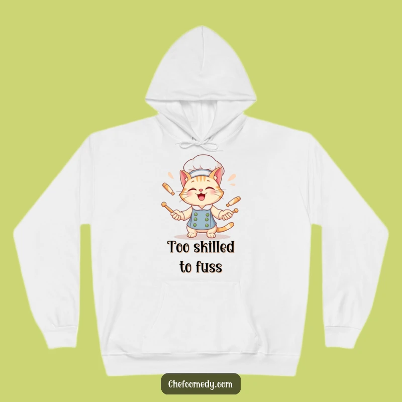 Cozy Funny Cat Chef Hoodie: Giggling Cat Juggles Rolling Pins, Warm & Hilarious