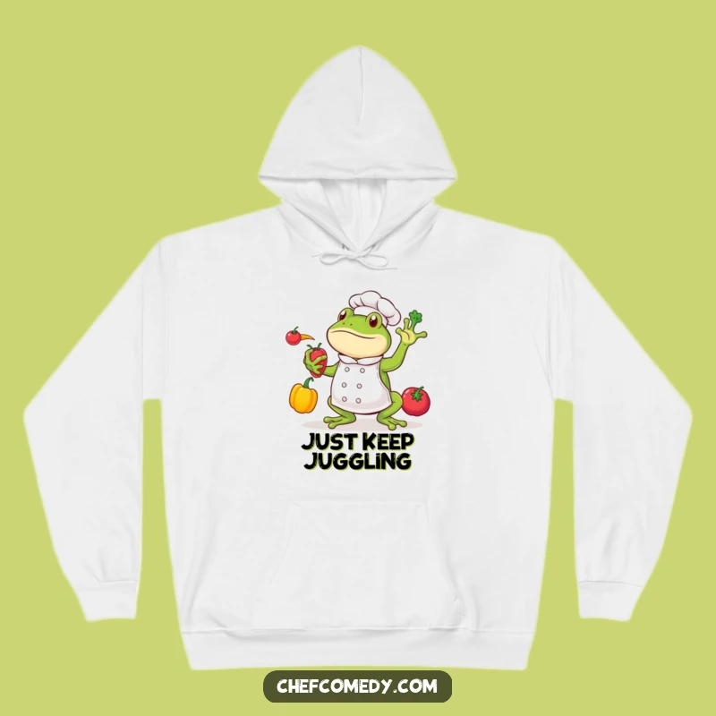 Cozy Funny Frog Chef Hoodie: Warm & Whimsical Juggling Vegetable Apparel