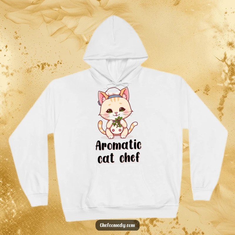 Funny Kawaii Cat Chef Hoodie, a joyful cartoon cat happily sniffing herbs, a warm and humorous garment for relaxation.