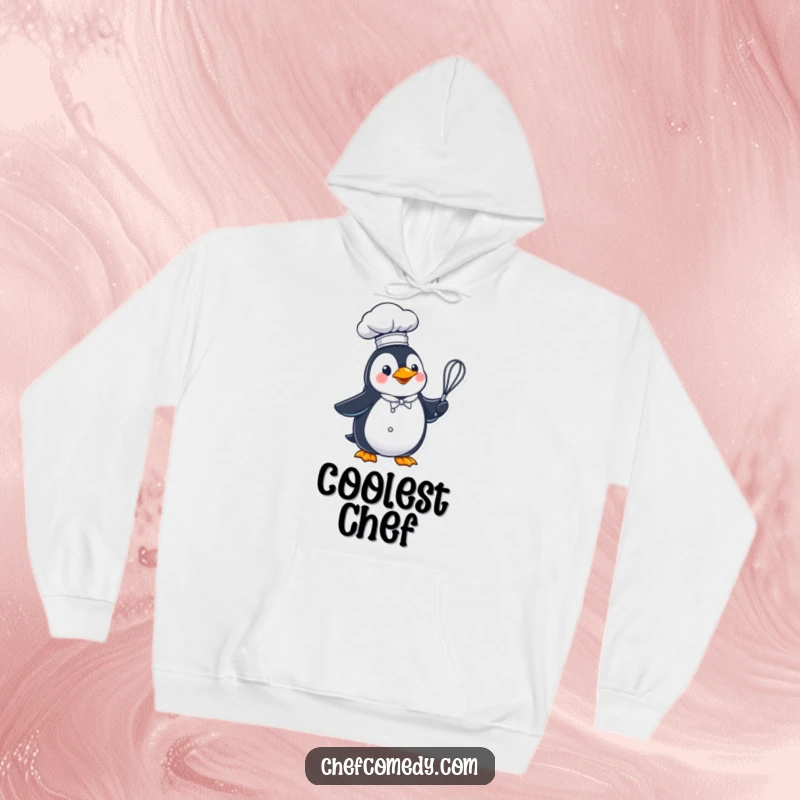 Funny penguin chef in a tall hat, holding a whisk, a cozy and humorous hoodie.