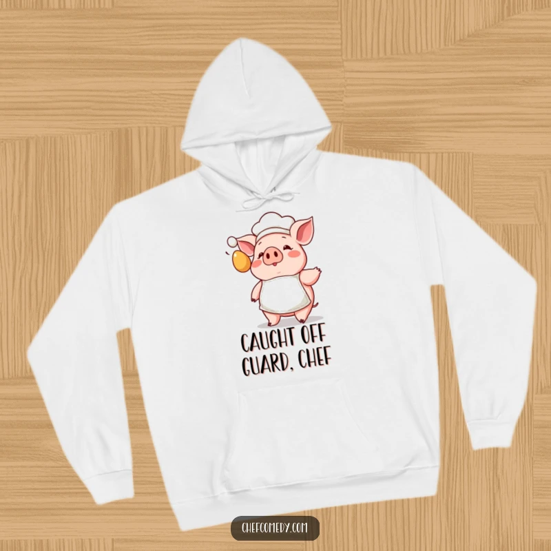 Funny Kawaii Pig Chef Hoodie with a tiny apron, featuring a surprised pig facing a flying egg, soft and warm.
